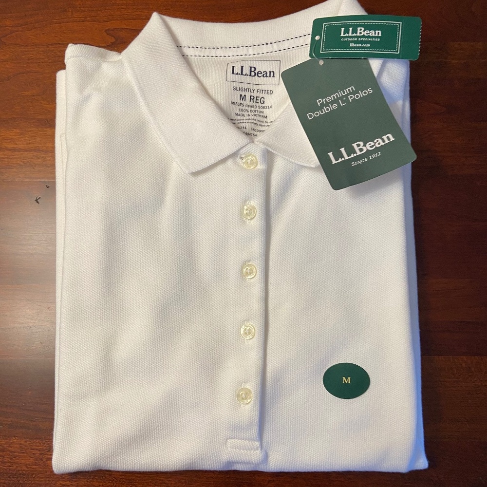 New LL Bean White Polo Shirt; Short Sleeves; 100% Cotton; Slightly Fitted; Med